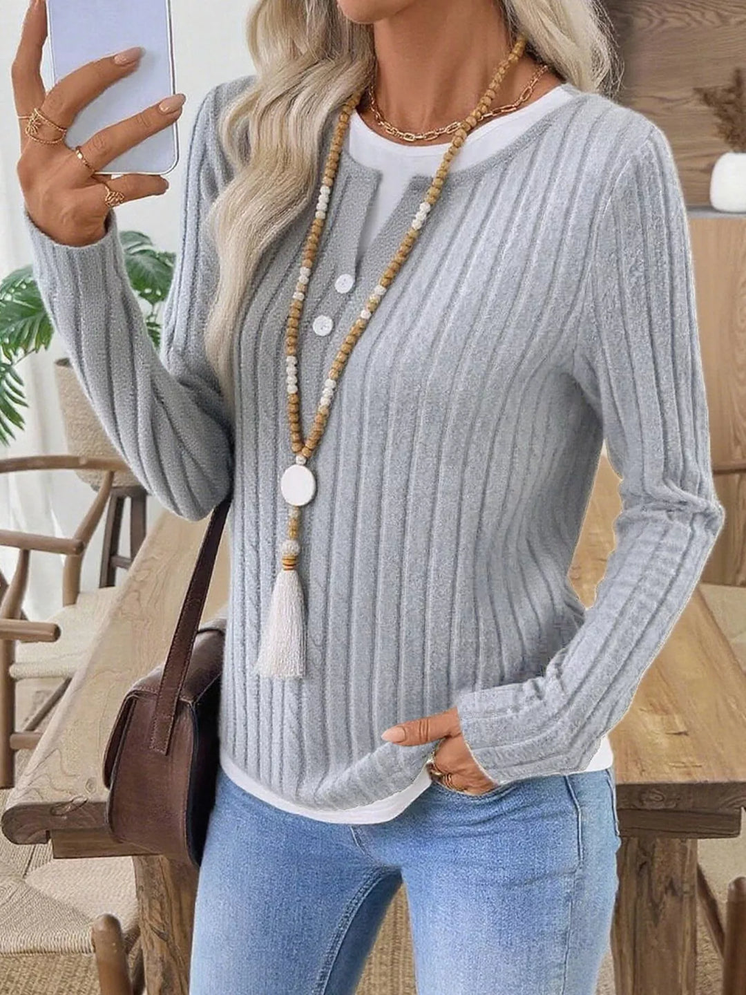 Light Gray Ribbed knit long sleeve henley with contrast trim