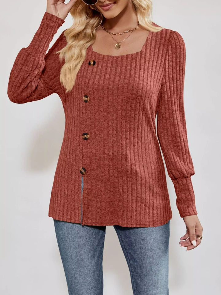 Ribbed knit square-neck top with button trim and side slit