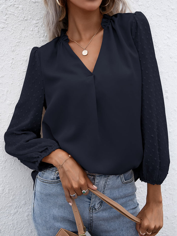 Swiss dot frill V-neck puff sleeve blouse