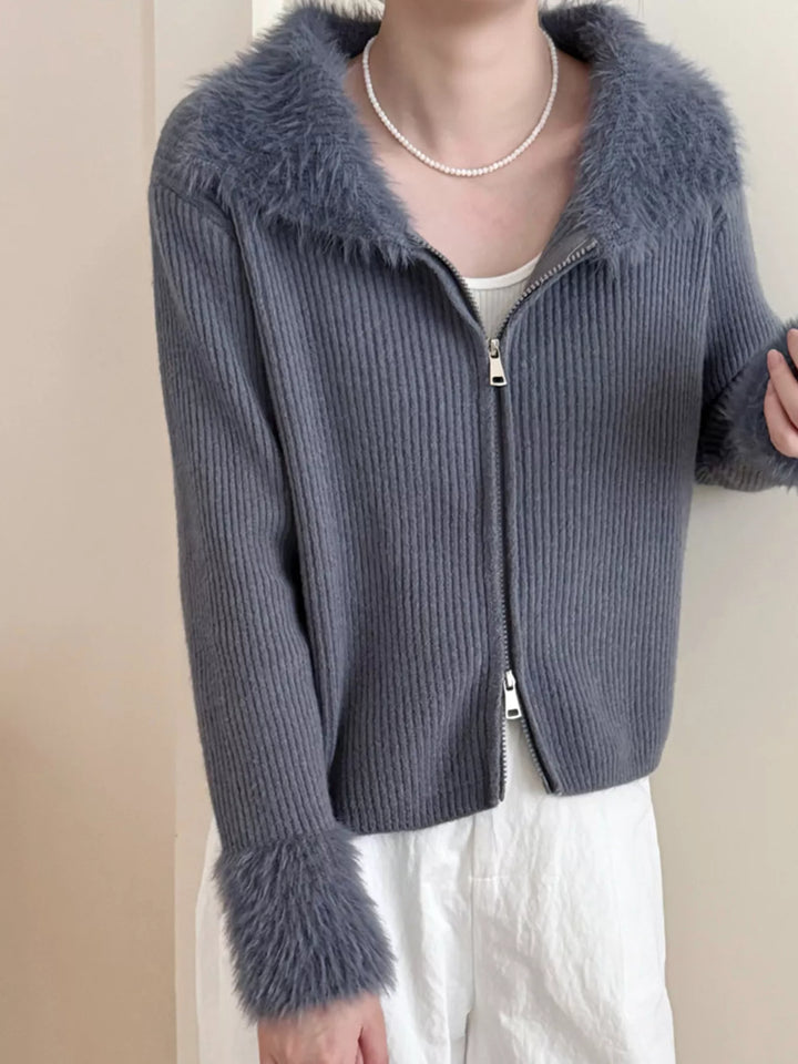 Ribbed knit zip-up cardigan with fluffy faux fur trim