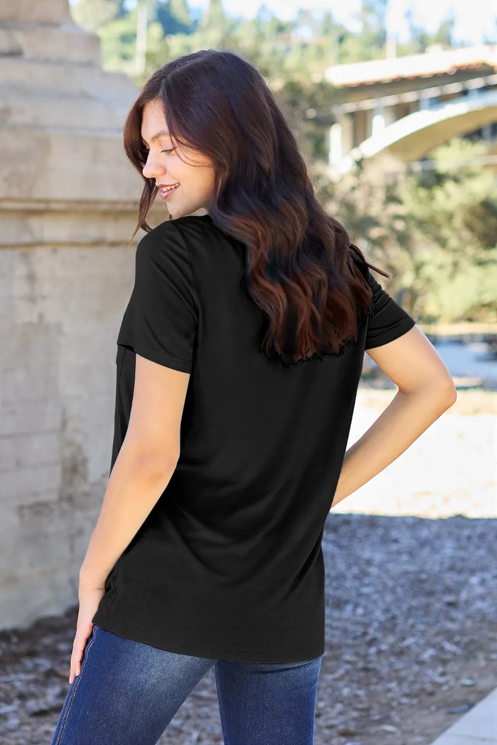 V-neck short sleeve bamboo tee with chest pocket