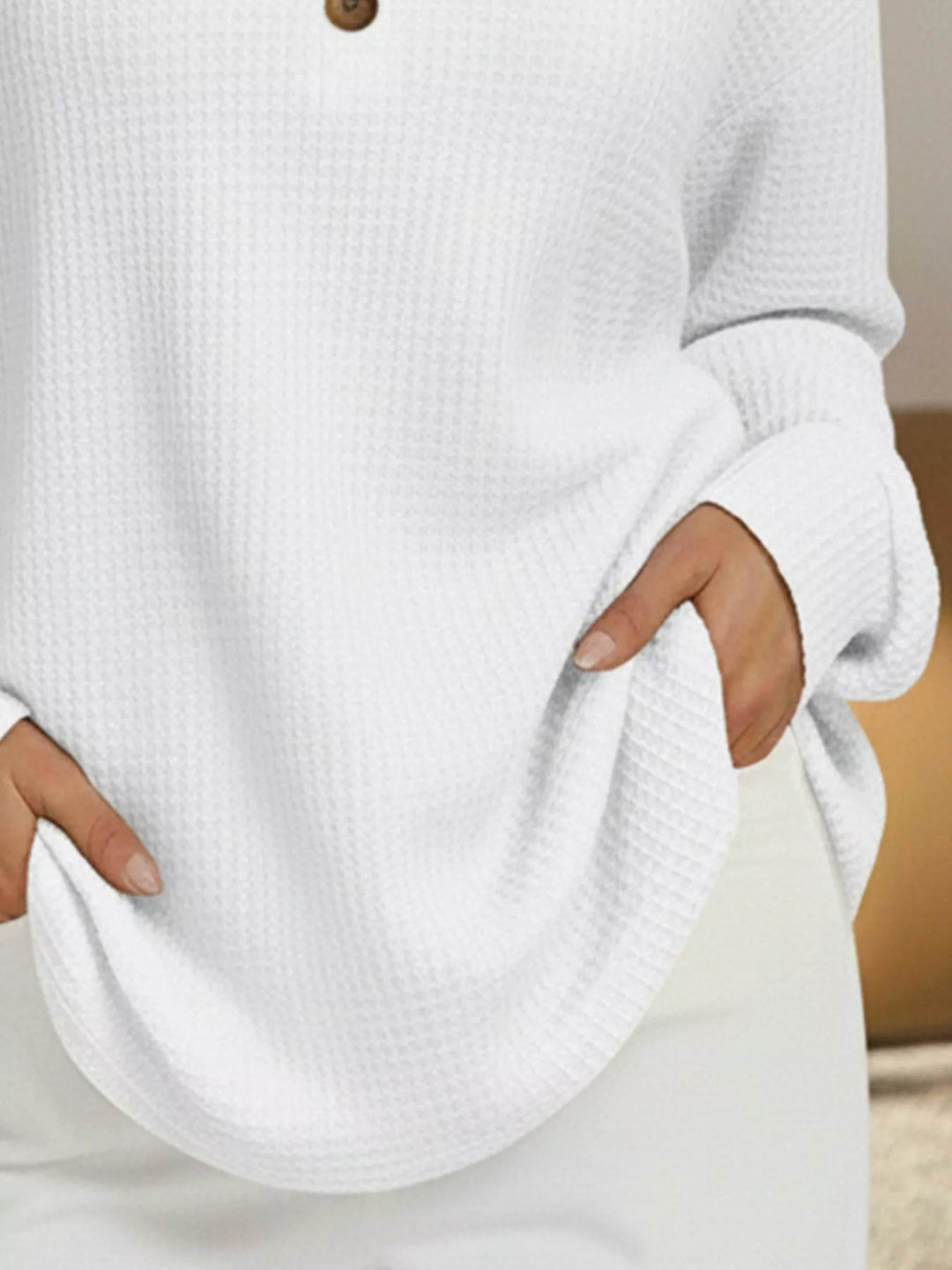 Waffle knit henley top with V-neck button placket