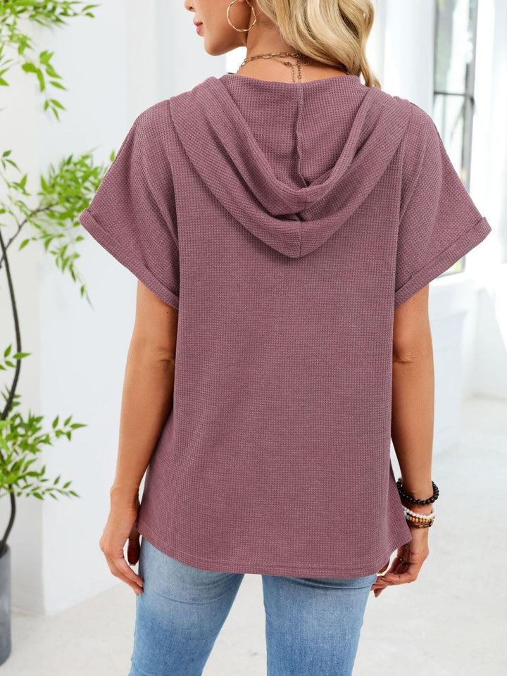 Waffle knit short-sleeve hoodie with button placket