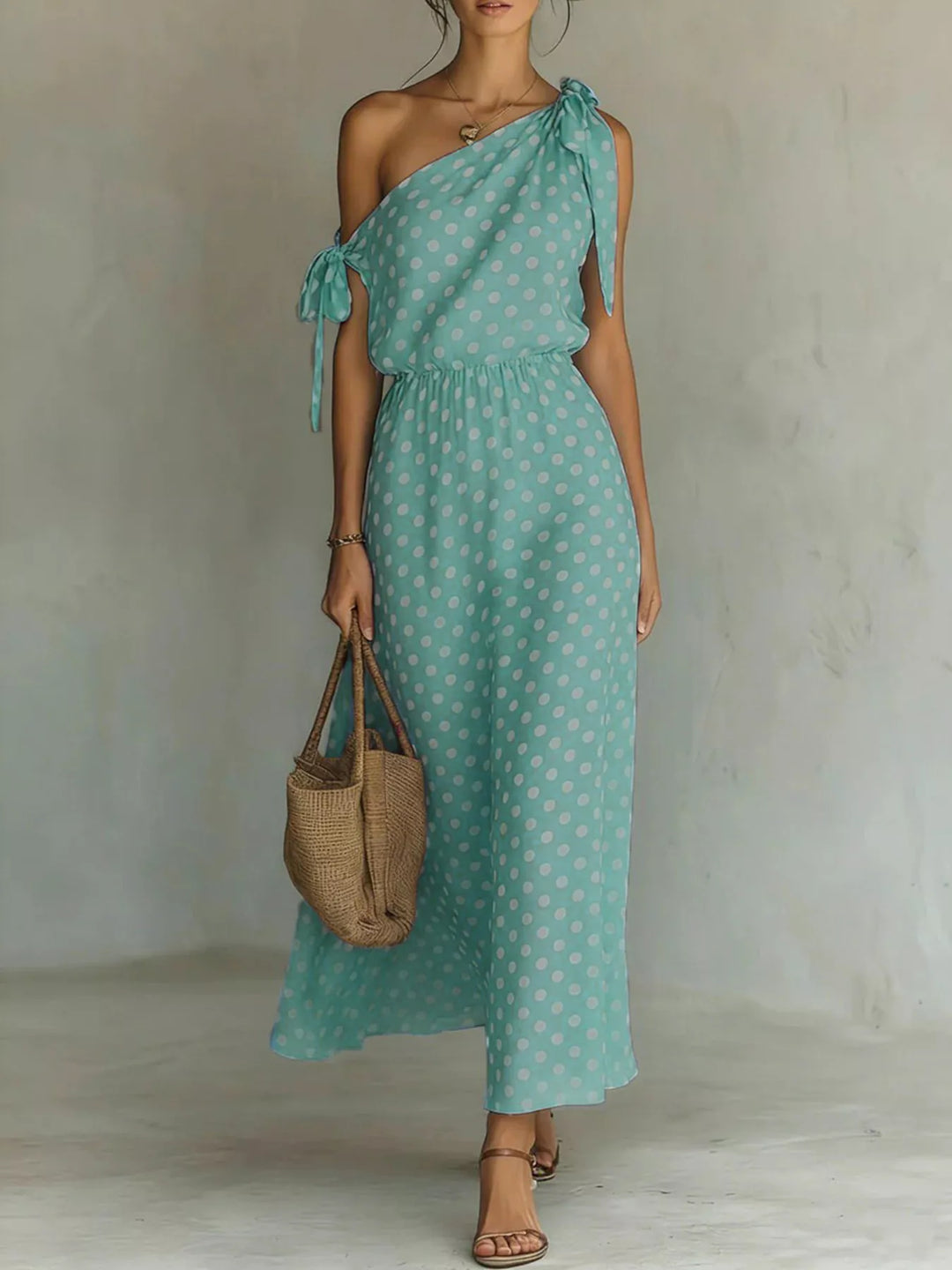 Teal Polka dot one-shoulder maxi dress with shoulder tie