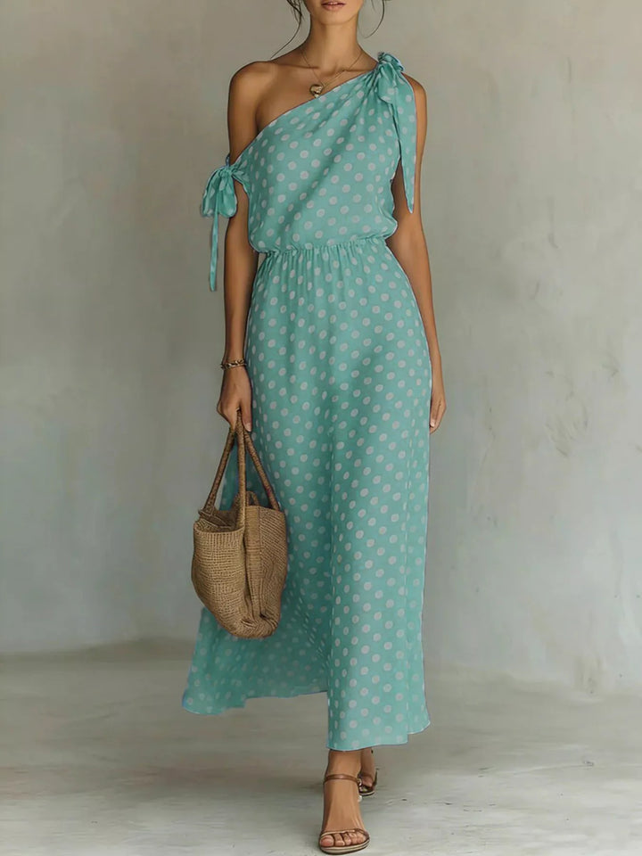 Teal Polka dot one-shoulder maxi dress with shoulder tie
