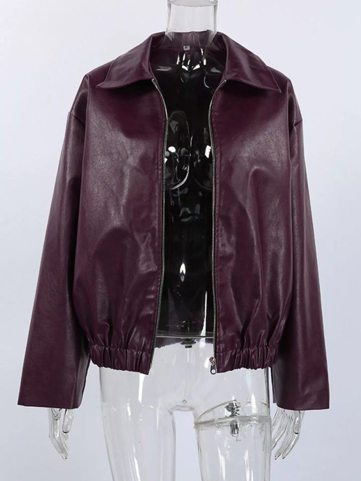 Oversized faux leather zip-up bomber jacket