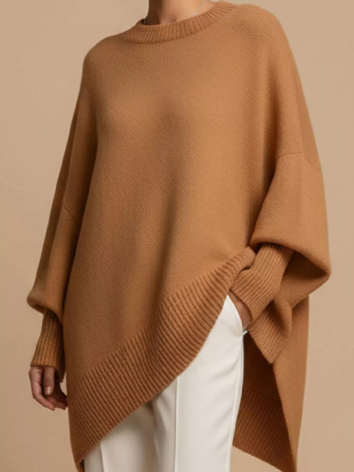 Brown Batwing sleeve asymmetric hem oversized knit sweater
