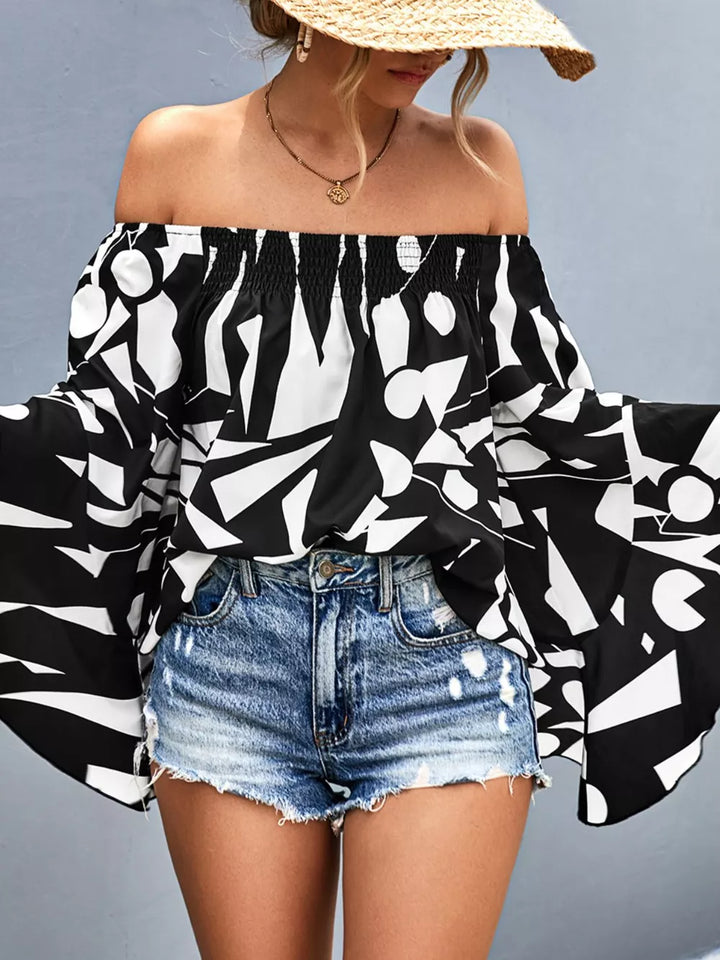 Black Geometric print off-shoulder bell sleeve blouse