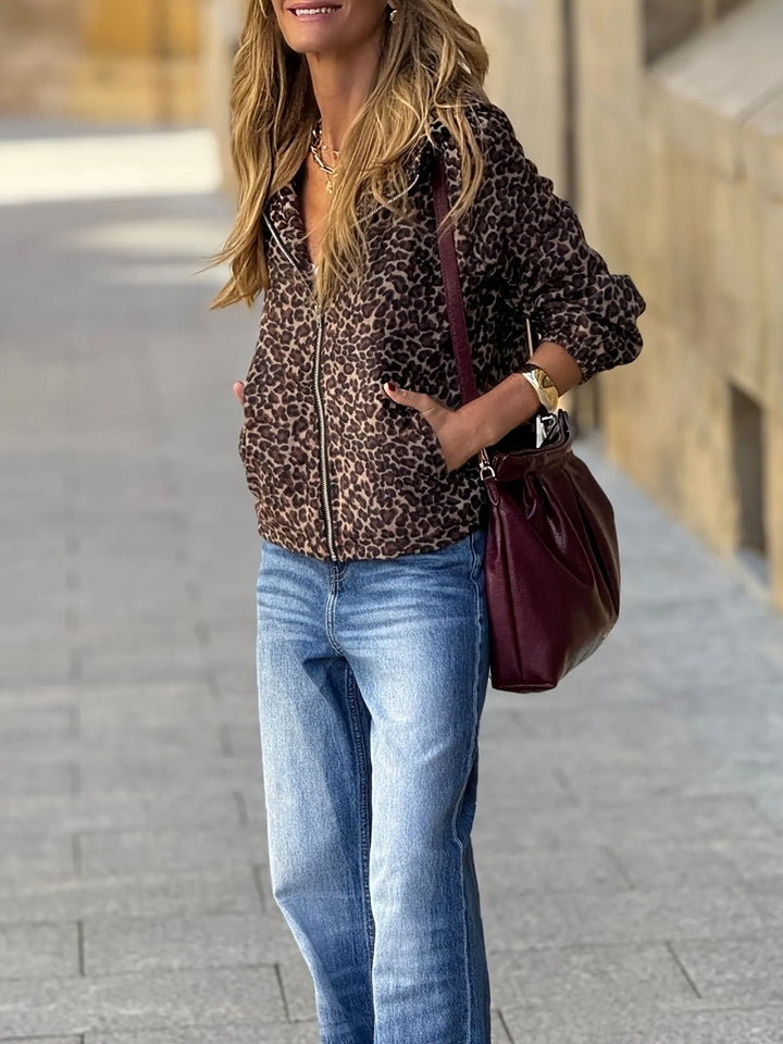 Leopard Leopard print zip-up hooded jacket with side pockets