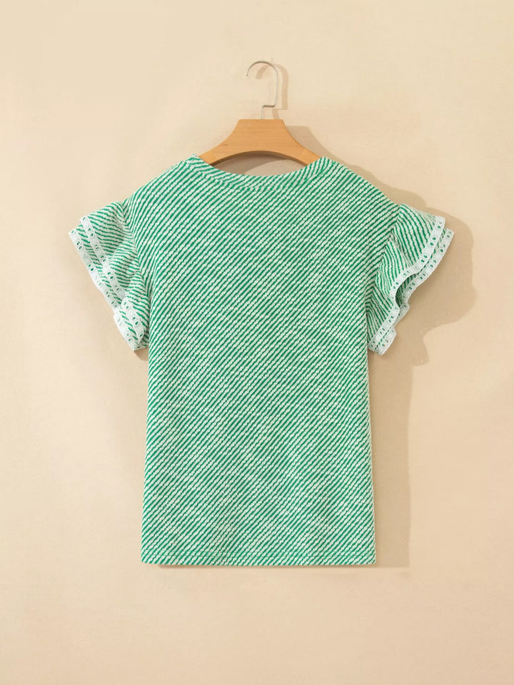 Diagonal-stripe ruffle cap-sleeve blouse with lace trim
