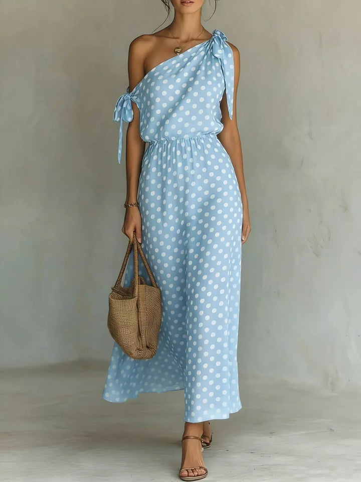 Blue Polka dot one-shoulder maxi dress with shoulder tie