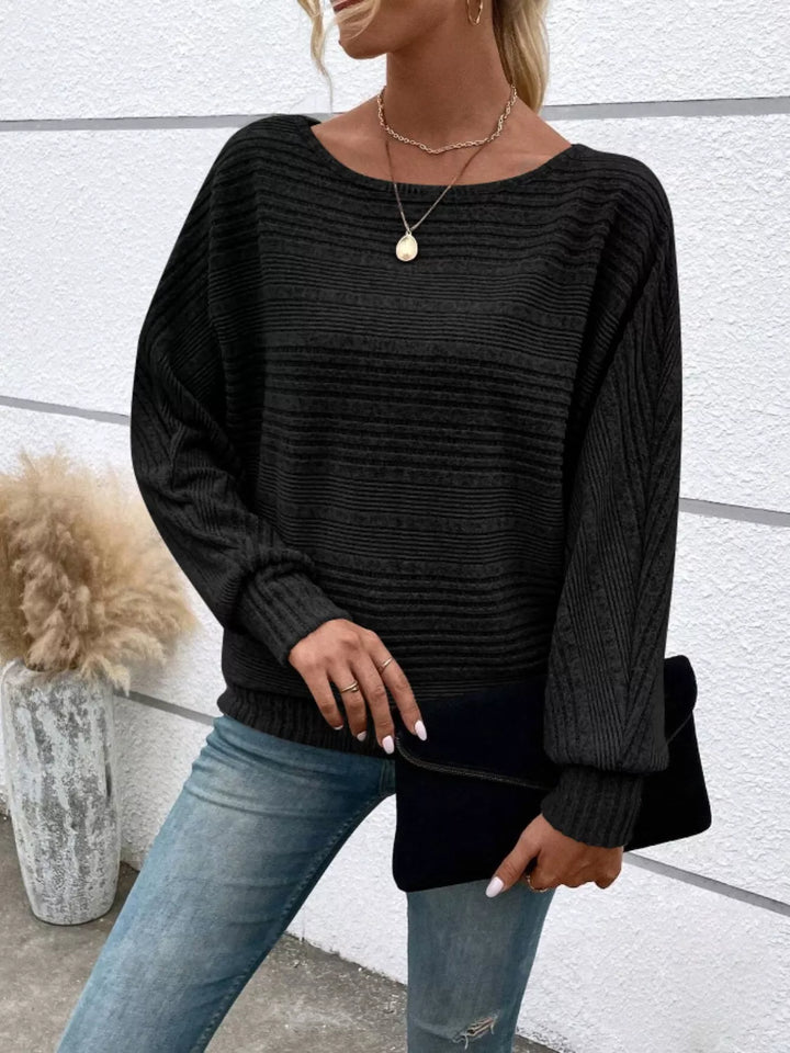 Ribbed knit relaxed long sleeve boat-neck top