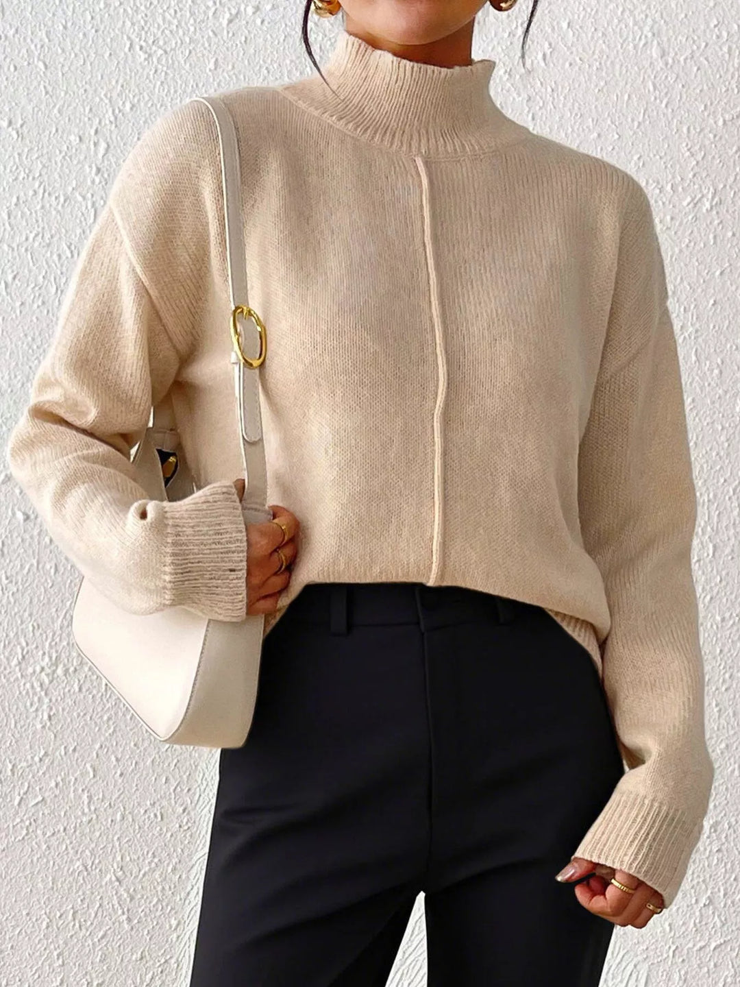 Center seam mock neck knit pullover sweater