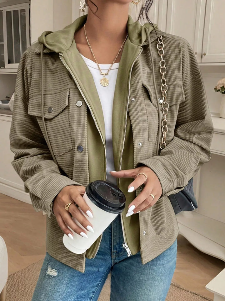 Sage Waffle knit hooded jacket with snap front and flap pockets