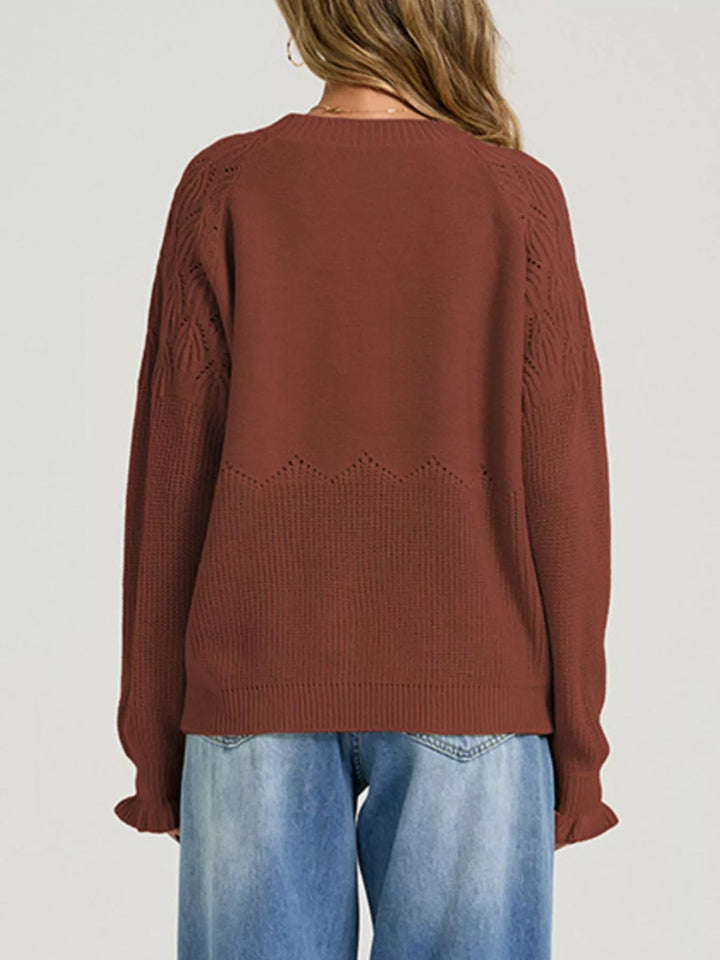 Pointelle openwork knit sweater with ruffle cuffs