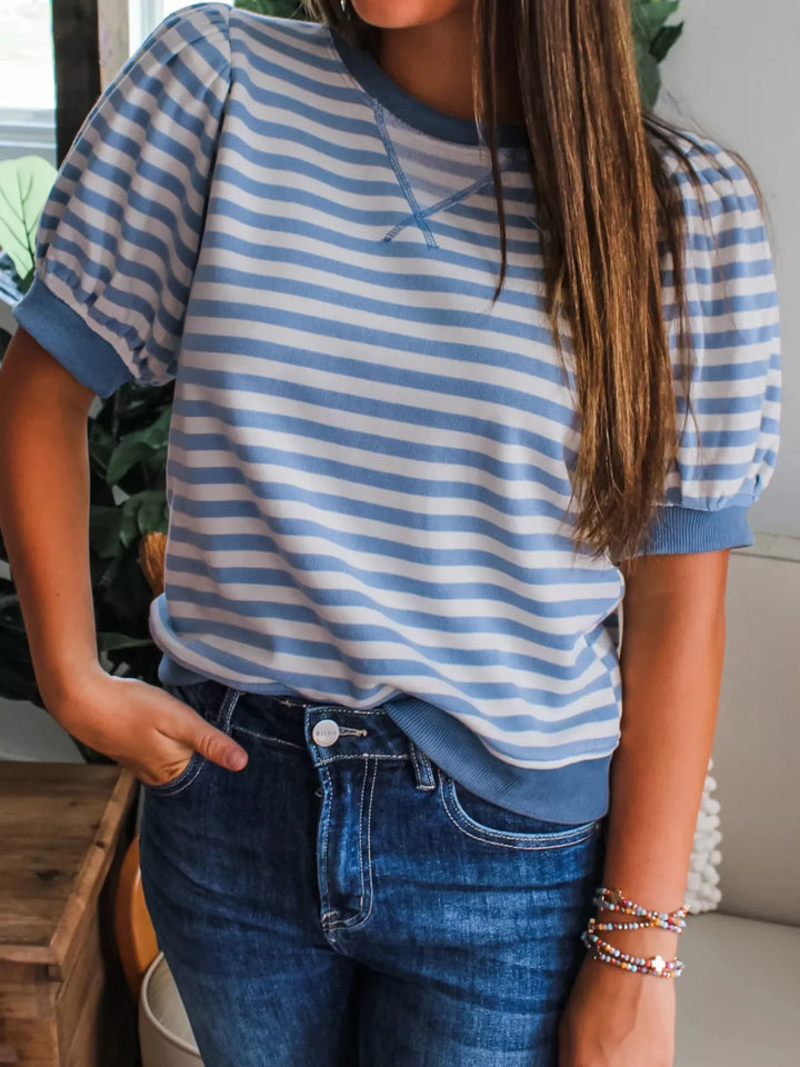Striped puff bubble sleeve crew neck top with ribbed trim