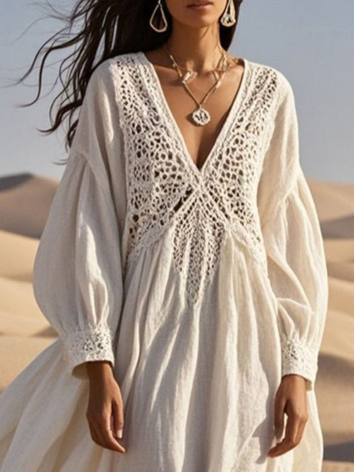 Crochet trimmed V-neck midi dress with balloon sleeves