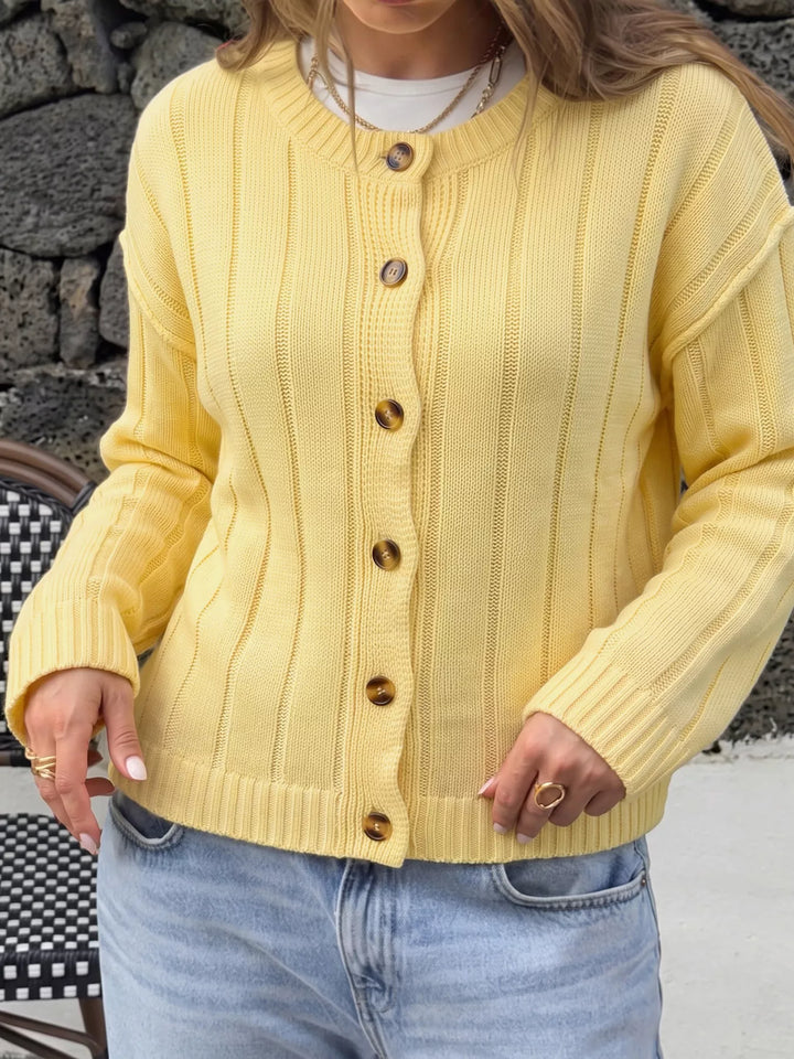 Ribbed knit button-front cardigan with dropped shoulders