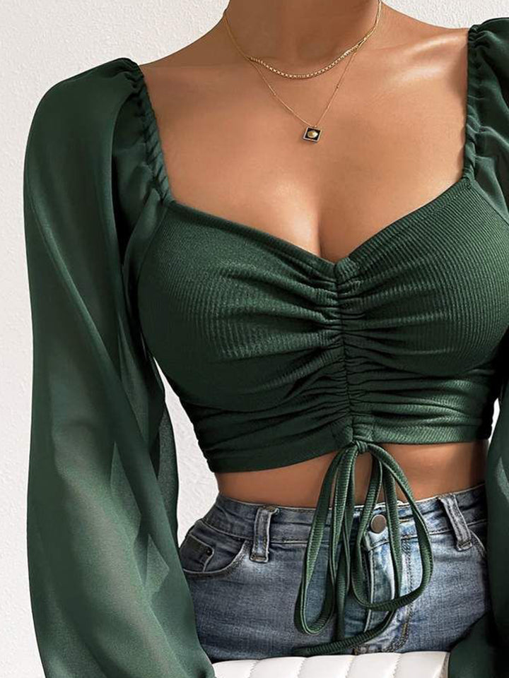 Drawstring sweetheart neck crop top with sheer sleeves