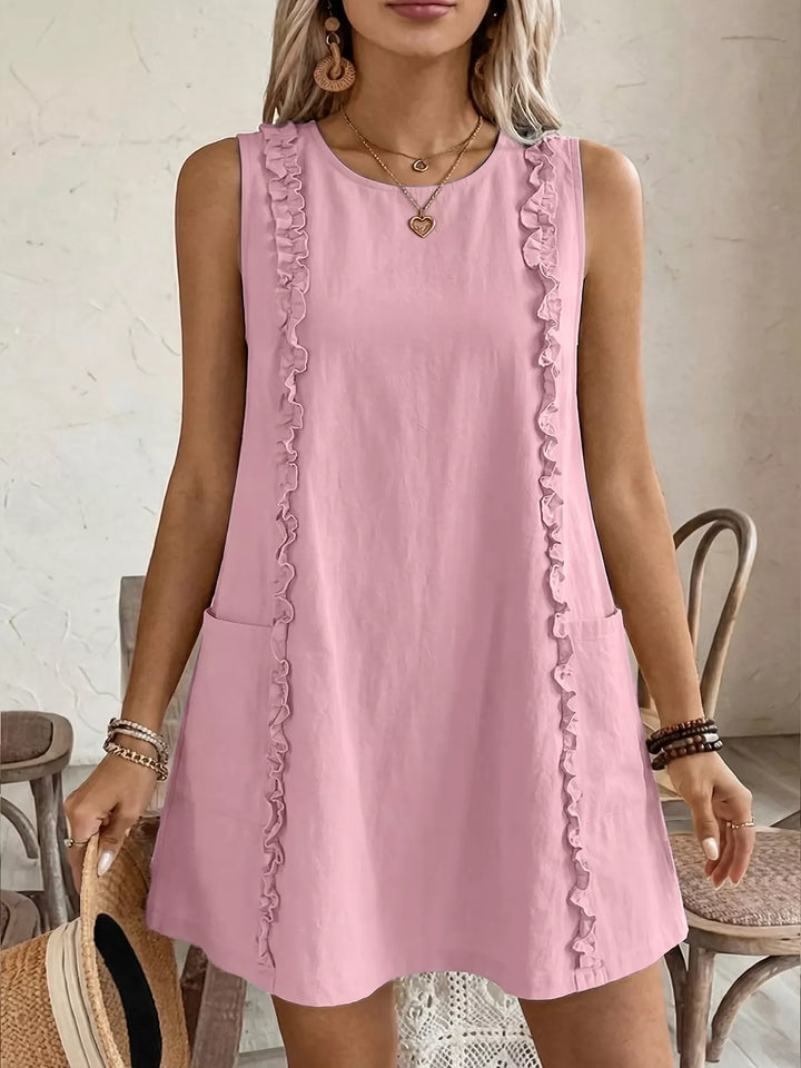 Blush Pink Ruffle-trim sleeveless mini dress with side pockets