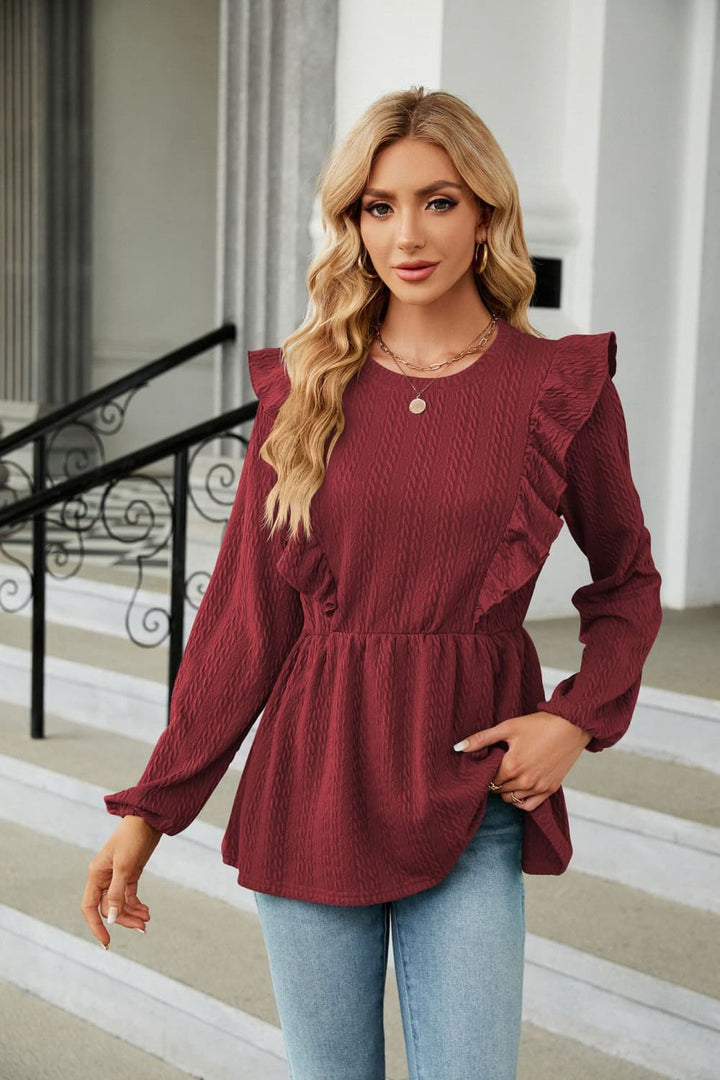 Wine Ruffle-shoulder textured peplum blouse with round neck