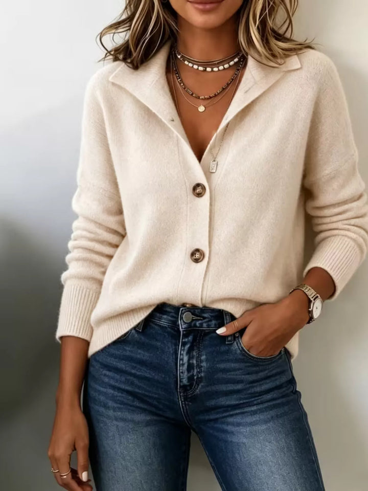 Collared button-front knit cardigan with ribbed cuffs