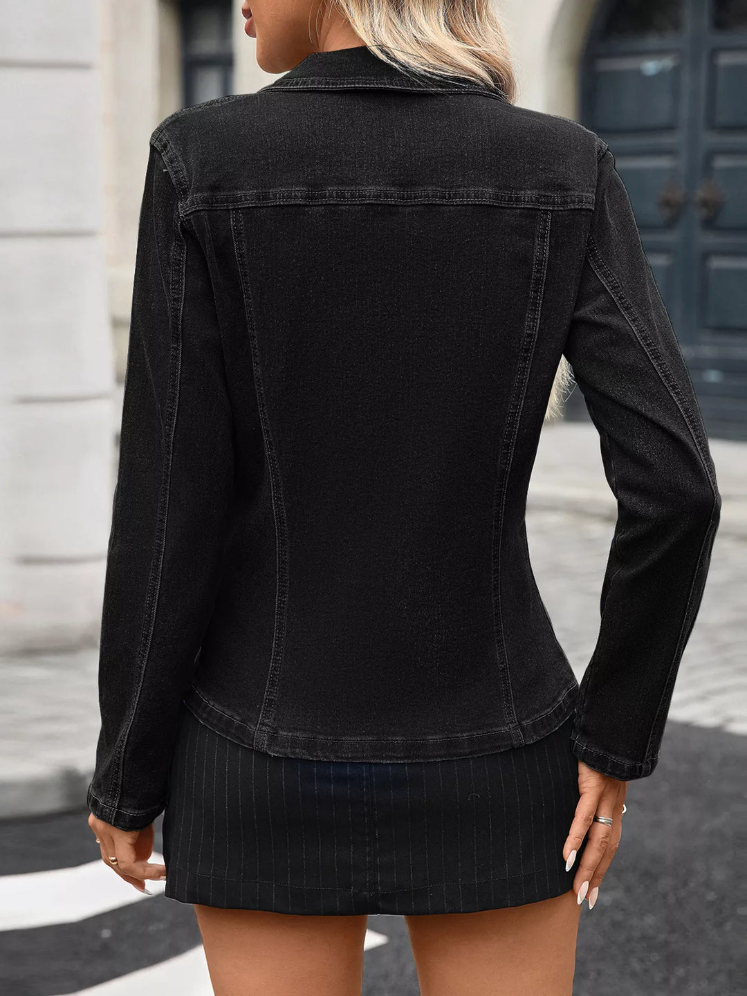Fitted stretch denim jacket with flap chest pockets