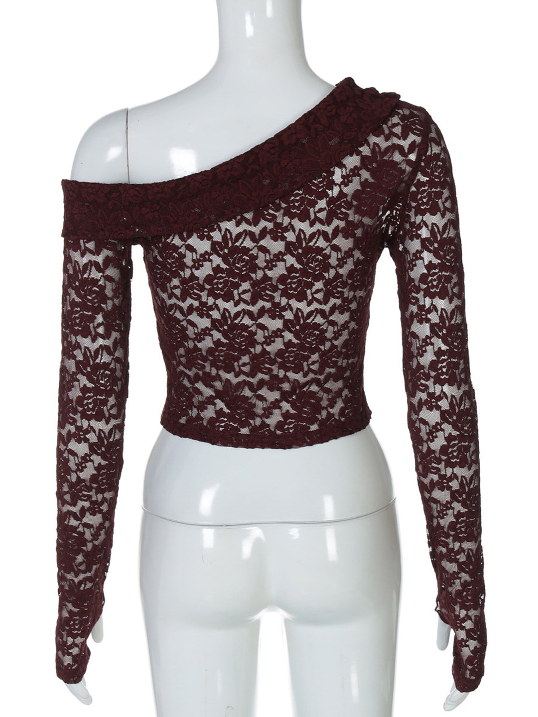 One-shoulder floral lace long sleeve crop top