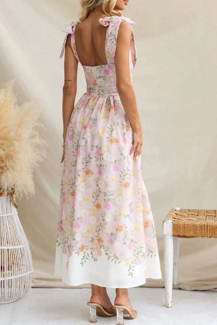 Floral tie-shoulder ruched midi cami dress