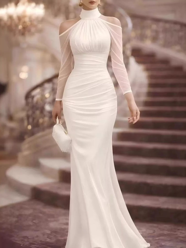 White Cold shoulder mock neck ruched maxi dress with mesh sleeves