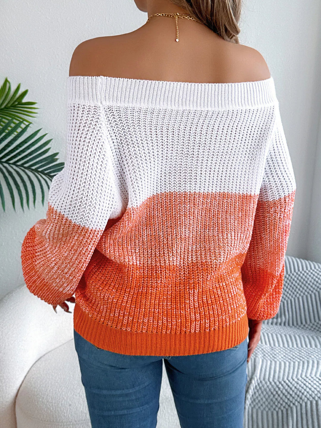 Off-shoulder color block ribbed knit sweater