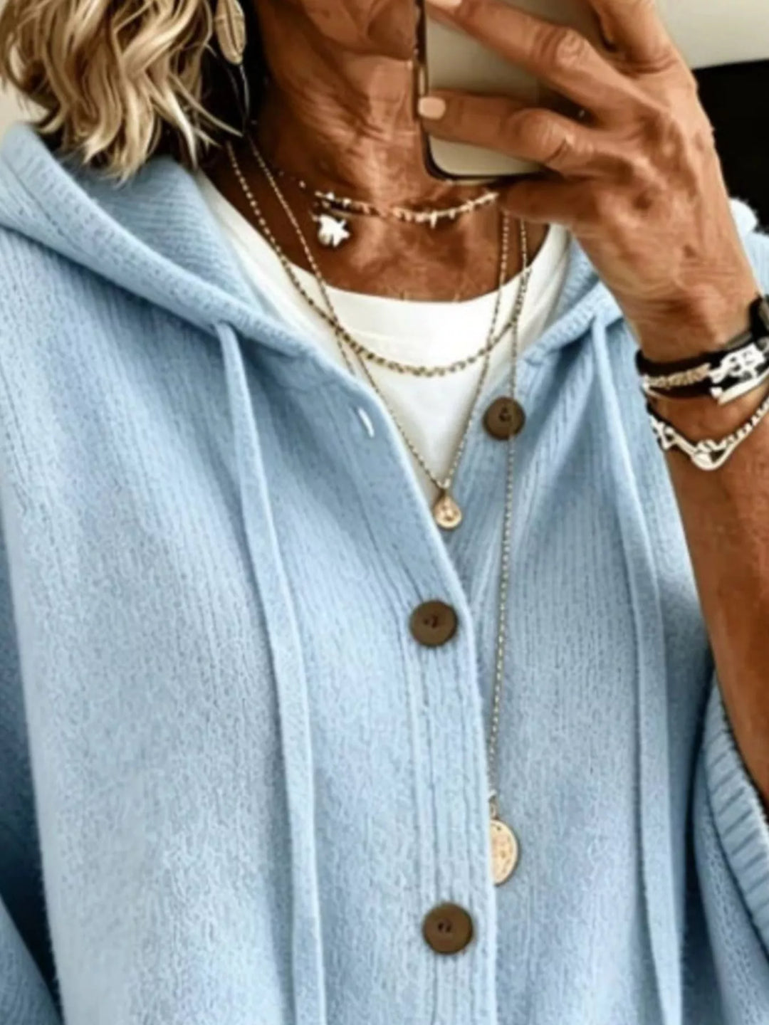Hooded button-down knit cardigan with patch pockets