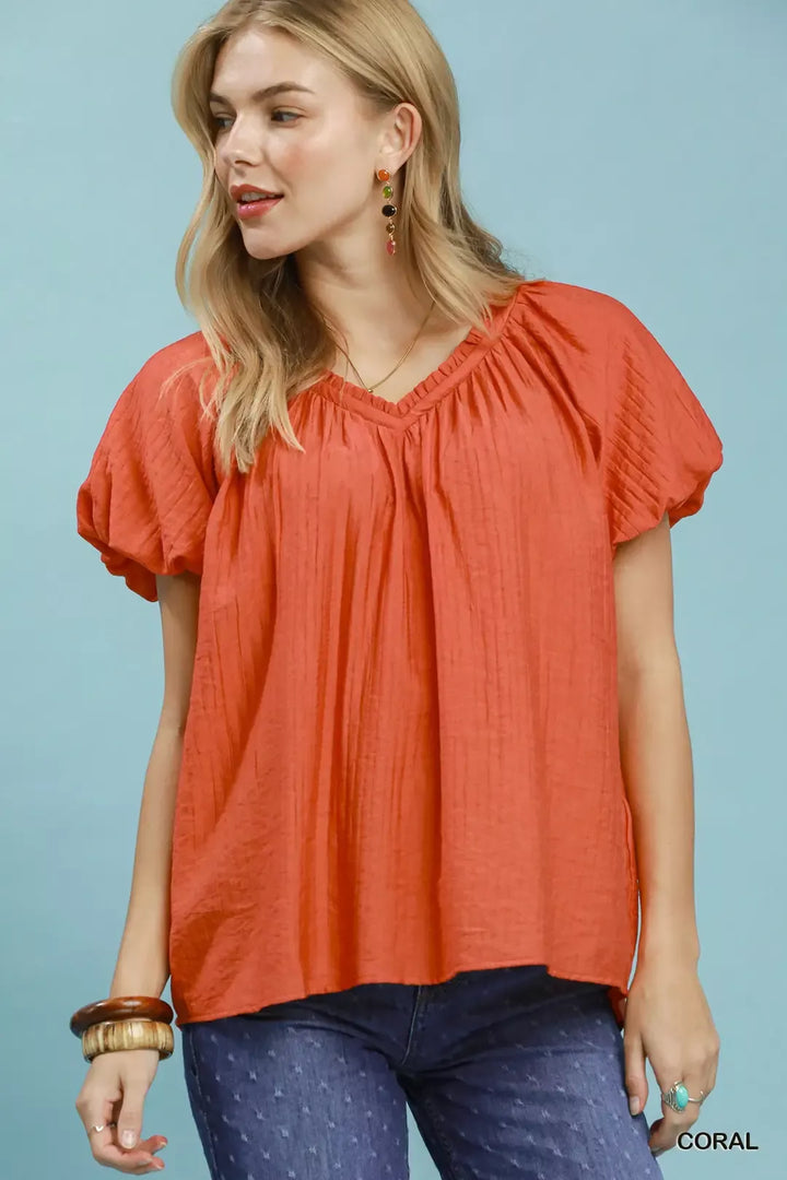 CORAL Relaxed gathered V-neck top with flutter sleeves