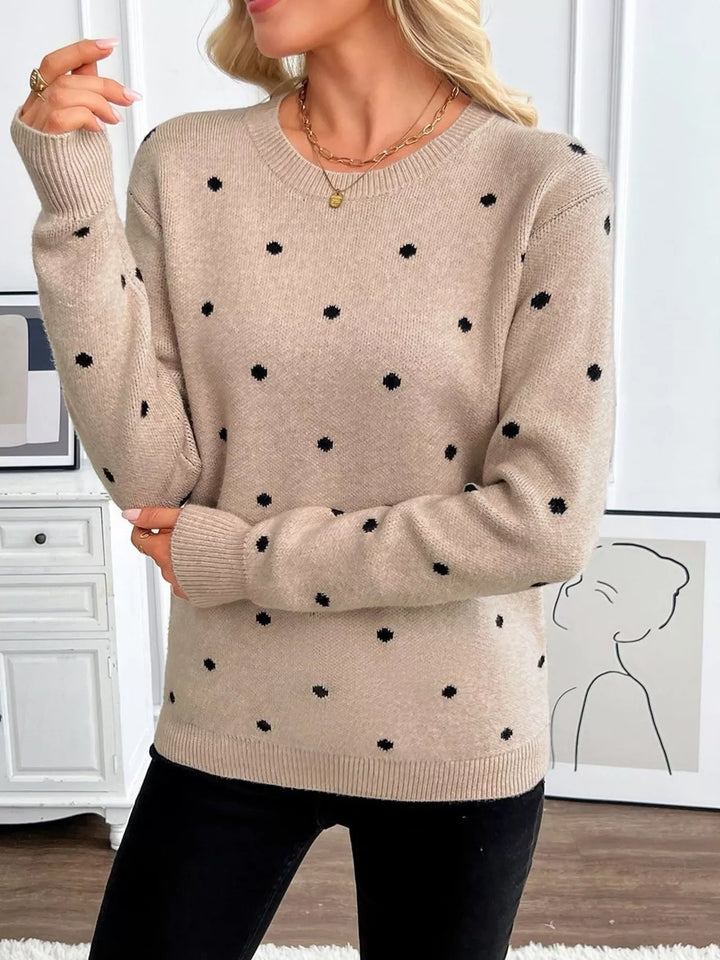 Apricot Polka dot knit crew neck pullover sweater