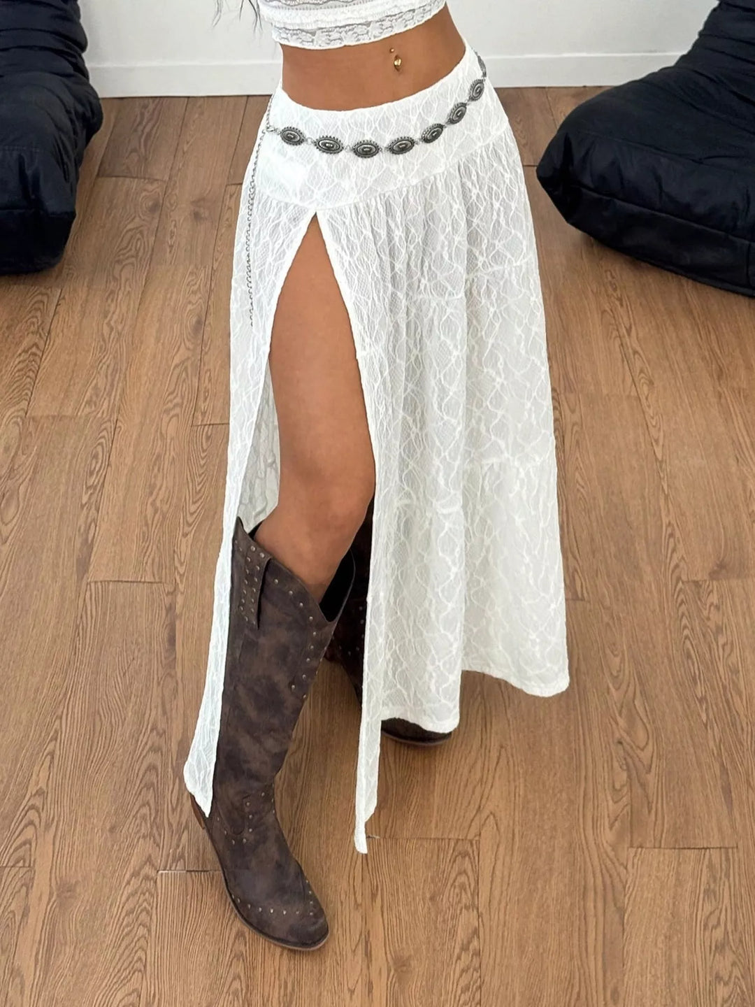 Lace maxi skirt with high slit and tiered layers