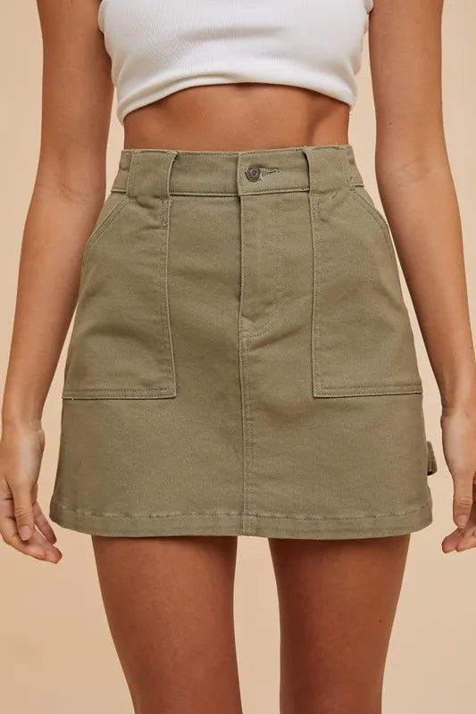 Olive High-rise cargo denim mini skirt with patch pockets