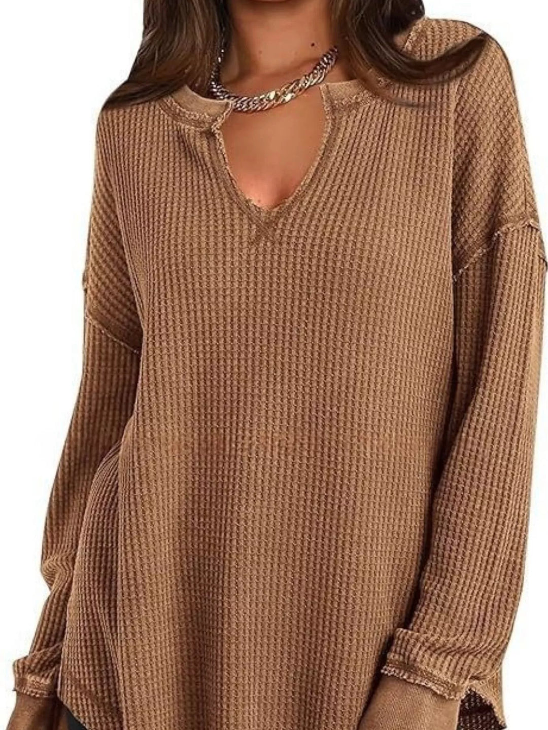 Waffle knit notched neck long sleeve tunic top