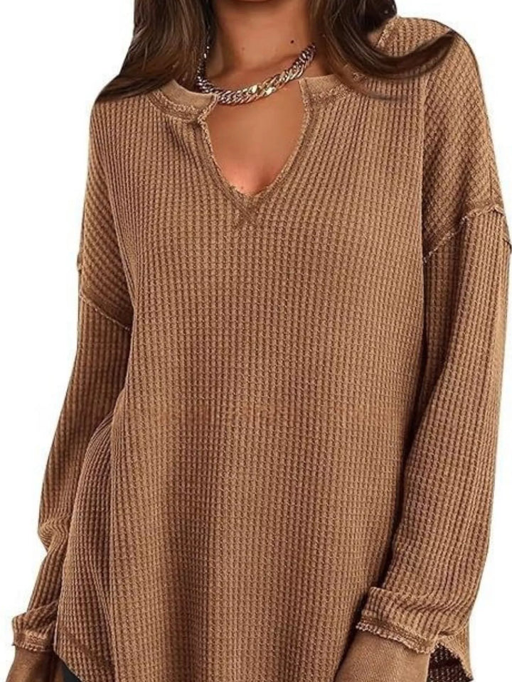 Waffle knit notched neck long sleeve tunic top