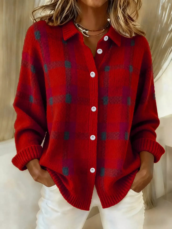 Red Plaid knit button-down shirt cardigan with collar