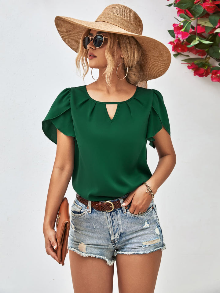 Forest Petal sleeve blouse with keyhole cutout round neck