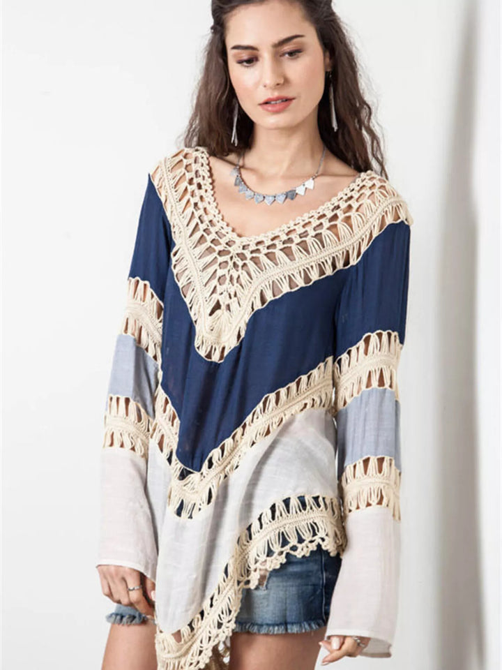 Blue Crochet trim color block long sleeve beach cover-up