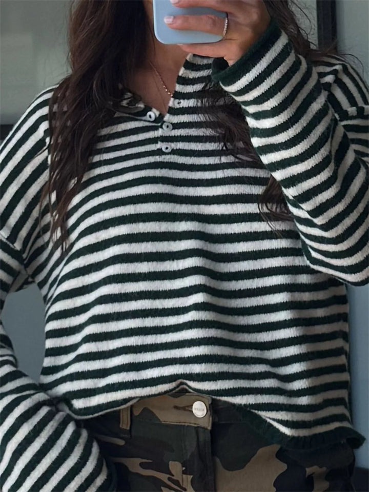 Striped dropped-shoulder collared sweater with button placket