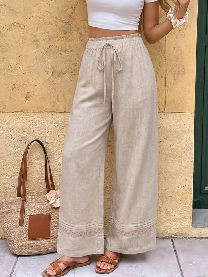 Drawstring wide-leg linen-blend pants with lace-trim hem