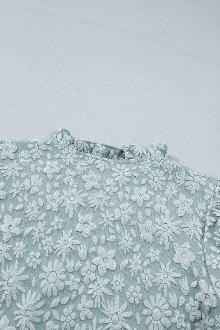 Floral jacquard puff sleeve blouse with split neck