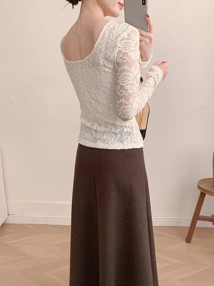 Sheer floral lace round neck long sleeve top