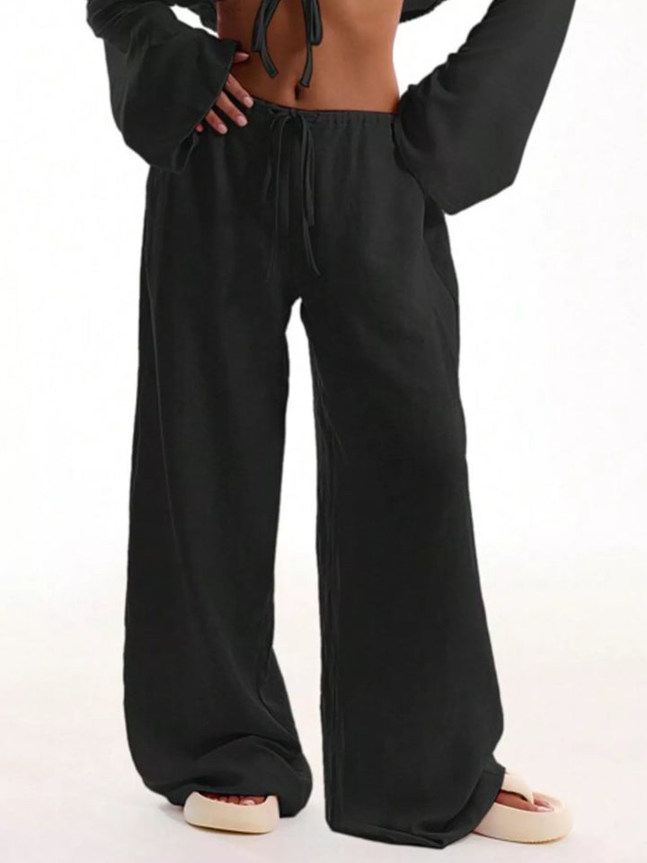 Black Linen-look drawstring wide-leg pants with side pockets