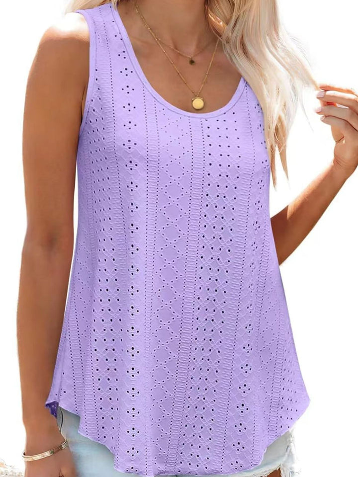Eyelet knit scoop neck flowy swing tank top