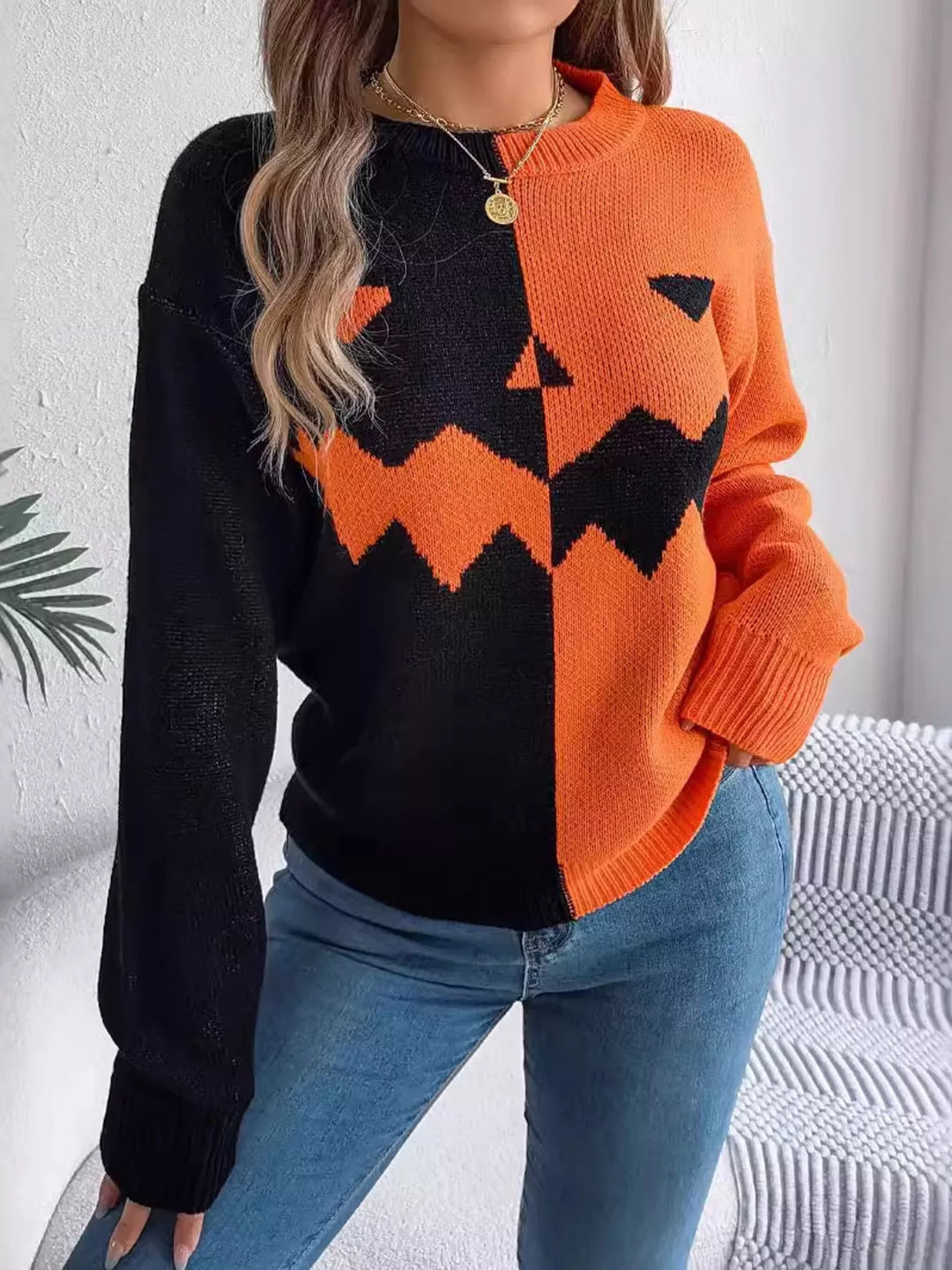 Pumpkin face color block knit pullover sweater