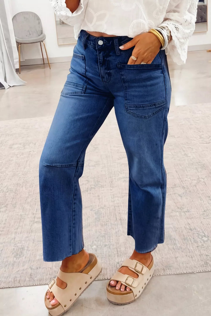 Dark Blue High-rise straight-leg jeans with patch pockets and raw hem
