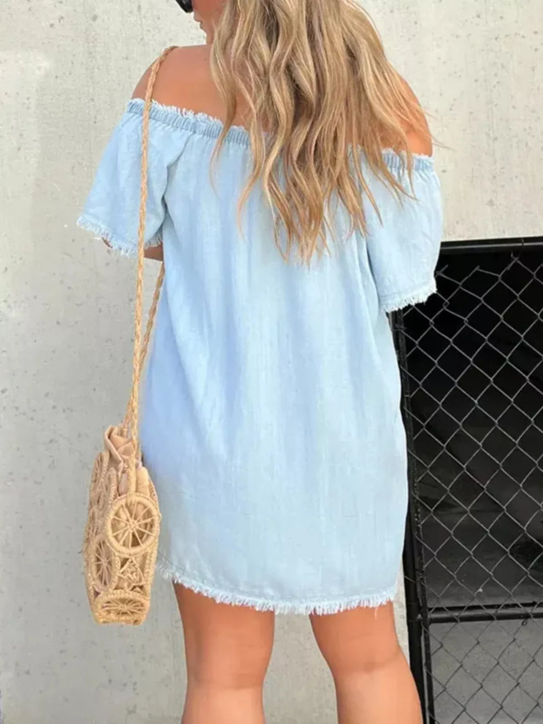 Frayed off-shoulder button-down denim mini dress